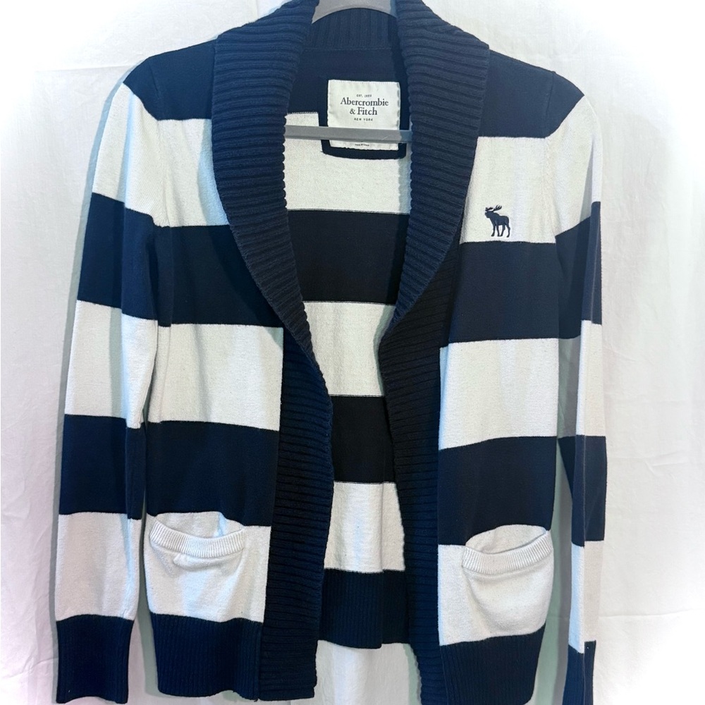 Vintage Y2K Abercrombie & Fitch Navy and White Striped Shawl Cardigan
